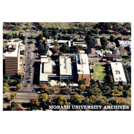 Aerial view of Victorian College of Pharmacy Parkville campus looking west across Royal Parade