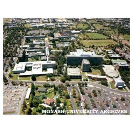 Aerial view of Clayton campus. View toward north with the Vice-Chancellor's house and pool in the foreground