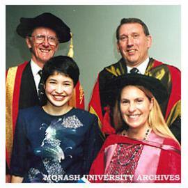 Rhodes Scholar Ms Sanya Smith pictured with (clockwise from back) Chancellor Mr Jerry Ellis, Dean of Science Professor Ron Davies and Associate Dean (Teaching) Dr Kristina Macrae