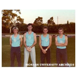 Monash Intervarsity track and field members at Adelaide University. Mens 1600m medley relay winners Mark Bartels (800m), Greg Parker (200m), David Hodgson (400m) and Ian Blanchonette (200m).