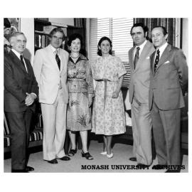 Visit by the Spanish Ambassador. (From left) Dean of Arts Professor John Legge, Vice-Chancellor Ray Martin, Mrs Rena Martin, unknown, Professor of Spanish Ronald Keightley and Spanish Ambassador Carlos Martinez-Shaw