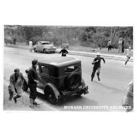 Caulfield Technical College students raft race - Ian Stent (left), Barry McPherson and Chris Renbenton (in helmet)