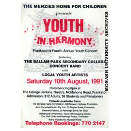Poster for 'Youth in Harmony,' by the Menzies Home for Children in Frankston's Fourth Annual Youth Concert.