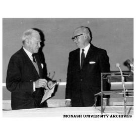 Lord Casey (left) and Vice-chancellor Louis Matheson at the dedication of the Flying Foxes mural