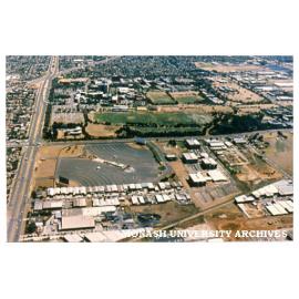 Aerial view of Clayton campus with drive-in in foreground
