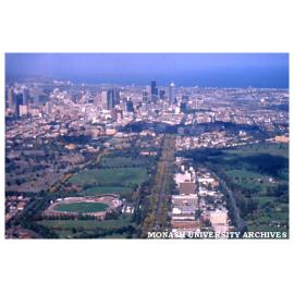 Aerial view of Parkville campus, looking south towards Melbourne