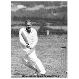Professor Robert Street playing in first Monash University cricket match, Vice-chancellors XI v Students XI, 28 November 1961.