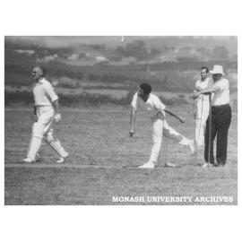 First Monash University cricket match, Vice-chancellors XI v Students XI, 28 November 1961. Dr L Matheson (left)