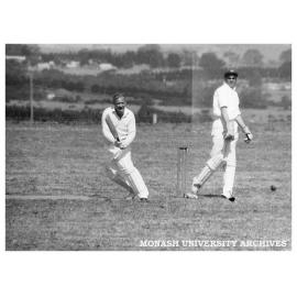 First Monash University cricket match, Vice-chancellors XI v Students XI, 28 November 1961. Professor R Street (left)