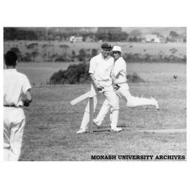First Monash University cricket match, Vice-chancellors XI v Students XI, 28 November 1961. Professor Ronald Brown (right)