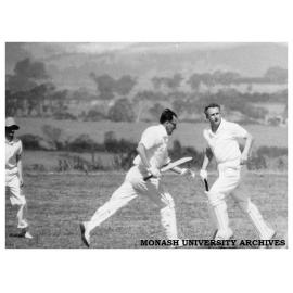 First Monash University cricket match, Vice-chancellors XI v Students XI, 28 November 1961. Doug Ellis (right) and Professor Graeme Schofield.