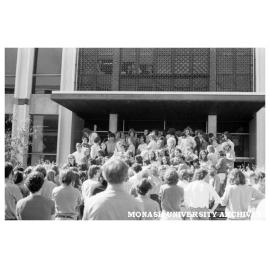 Student protesters on the steps of the Administration building.