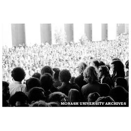 Vice-Chancellor Matheson addressing student on the steps of the Administration building