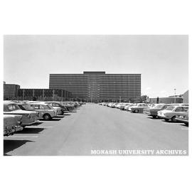 Menzies building from the south car park, with Law building at left