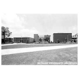 Administration building (left), Robert Blackwood Hall and Main Library
