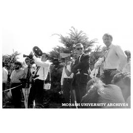 News crews at student protest rally