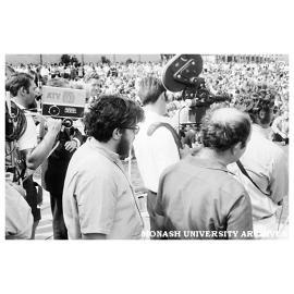 News crews at student protest rally