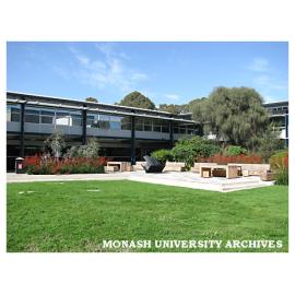 Engineering Building 60 courtyard with Inge King sculpture and cypress pine seating