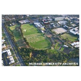 Aerial view of Clayton campus playing fields and sports centre from the north-east