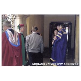 Participants in South African graduation ceremony, Professor Iain Edwards (left), Dr Jacques Steyn, Professor Gill Palmer, Vice-Chancellor Richard Larkins.