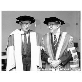 Sir Anthony Mason after receiving honorary Doctor of Laws with Chancellor Bill Rogers