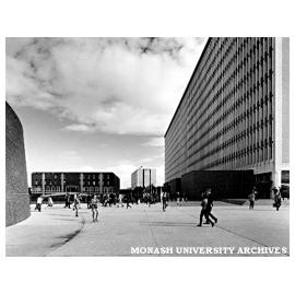South face of Menzies building (right), Physiology building, David Derham School of Law, and Rotunda (left)