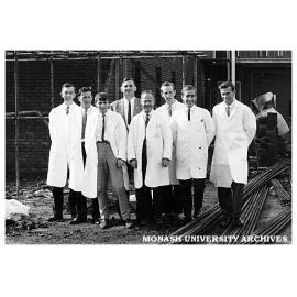 Anatomy department laboratory staff - Alan Kreibich (left), Bob Beard, Peter Moritz, Ian Hine, Keith Jones, Phillip Jacobson, Geoff Rolls, Des Burns.