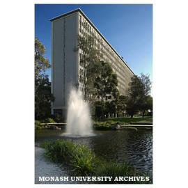 Menzies building with pond and fountain in foreground