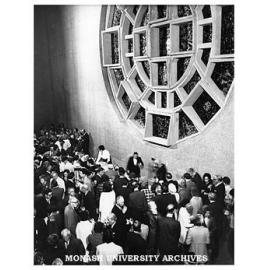 Foyer of Robert Blackwood Hall with Lindesay Clark window by Leonard French, Clayton campus.