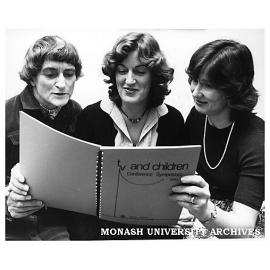 Dr Mary Nixon (left) and Ann Knowles (right) with monograph 'TV and Children: Research Issues'