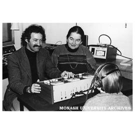 Senior lecturer in education, Dr Gilbert Best (left)and audiologist Dorothy Moore, test hearing at the Krongold Centre.