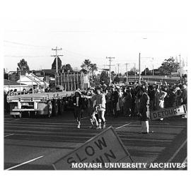 Student champagne breakfast disruption to traffic on Dandenong Rd, Clayton during Farm Week