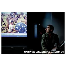 Dr Tom Chandler, lecturer at School of Information Technology, Berwick, with animation of the city of Angkor in Cambodia