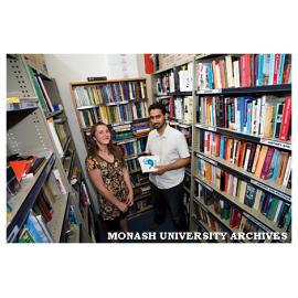 Mr Waleed Aly, lecturer in the School of Political and Social Inquiry with student Tara Rankine in the Monash Co-operative Bookshop