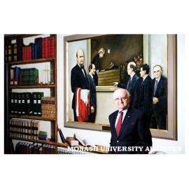 Emeritus Professor Louis Waller in front of painting by Irene Clark of the 1976 Campbell McComas impersonation of Granville Williams