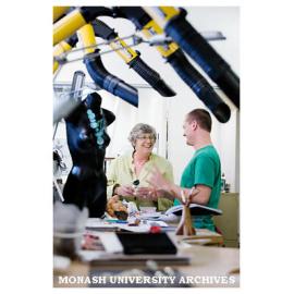 Metal and Jewellery course Coordinator Marian Hosking with Simon Cottrell, assessing students' work