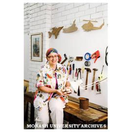 Fine Arts lecturer Caroline Durre in her Moorabbin studio with the watercolours of her great-grandfather, Sir John Monash