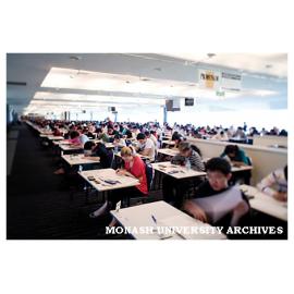 Students sitting an examination at Caulfield Racecourse