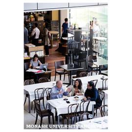 Professor Richard Boyd (left, front table), Senior Research Fellow Dr Ann Chidgey and Immunology Laboratory Manager Mark Malin in Cafe Cinque Lire at Clayton campus.