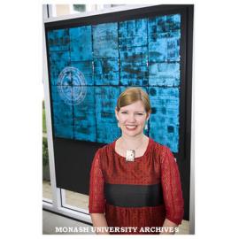 Glass panel commemorating the 10th anniversary of the Berwick campus with artist Kristin McFarlane