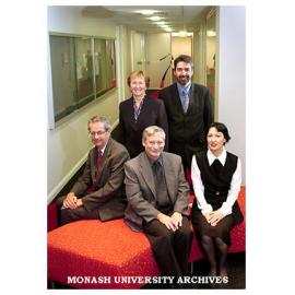 Faculty of Law manager Janet White (back, left), Stephen Davey,Professor Richard Larkins, Law dean Professor Arie Freiberg and Law Chambers facility manager Lynette Dean in the expanded Law Chambers