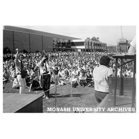 News crews at student protest rally with Albert Langer speaking