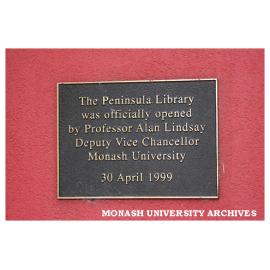 Plaque to commemorate the opening of the Peninsula campus library