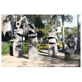 Iron bark sculptures by artist Lynne Moore, outside the Gallery Building, Clayton campus