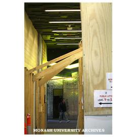 Foyer of Menzies building, during construction of lifts, Clayton campus
