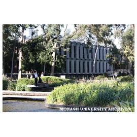 Administration building, Clayton campus, with pond in foreground