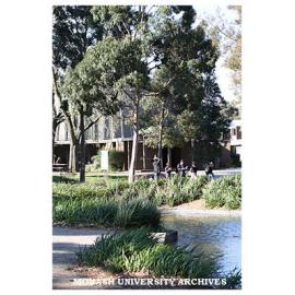 Pond with Administration building in background, Clayton campus