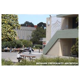 Market stalls with Campus Centre (right) and Religious Centre (background), Clayton campus