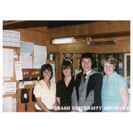 Union Desk staff Cathy Celona (left), Jenny Chuck, unknown student, Betty Dunphy