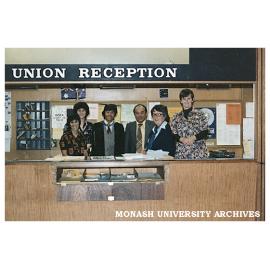 Union desk staff Cathy Celona (left), Sherrill Bell, student Keith Lee and father, Caroline Piesse and Jenny Chuck